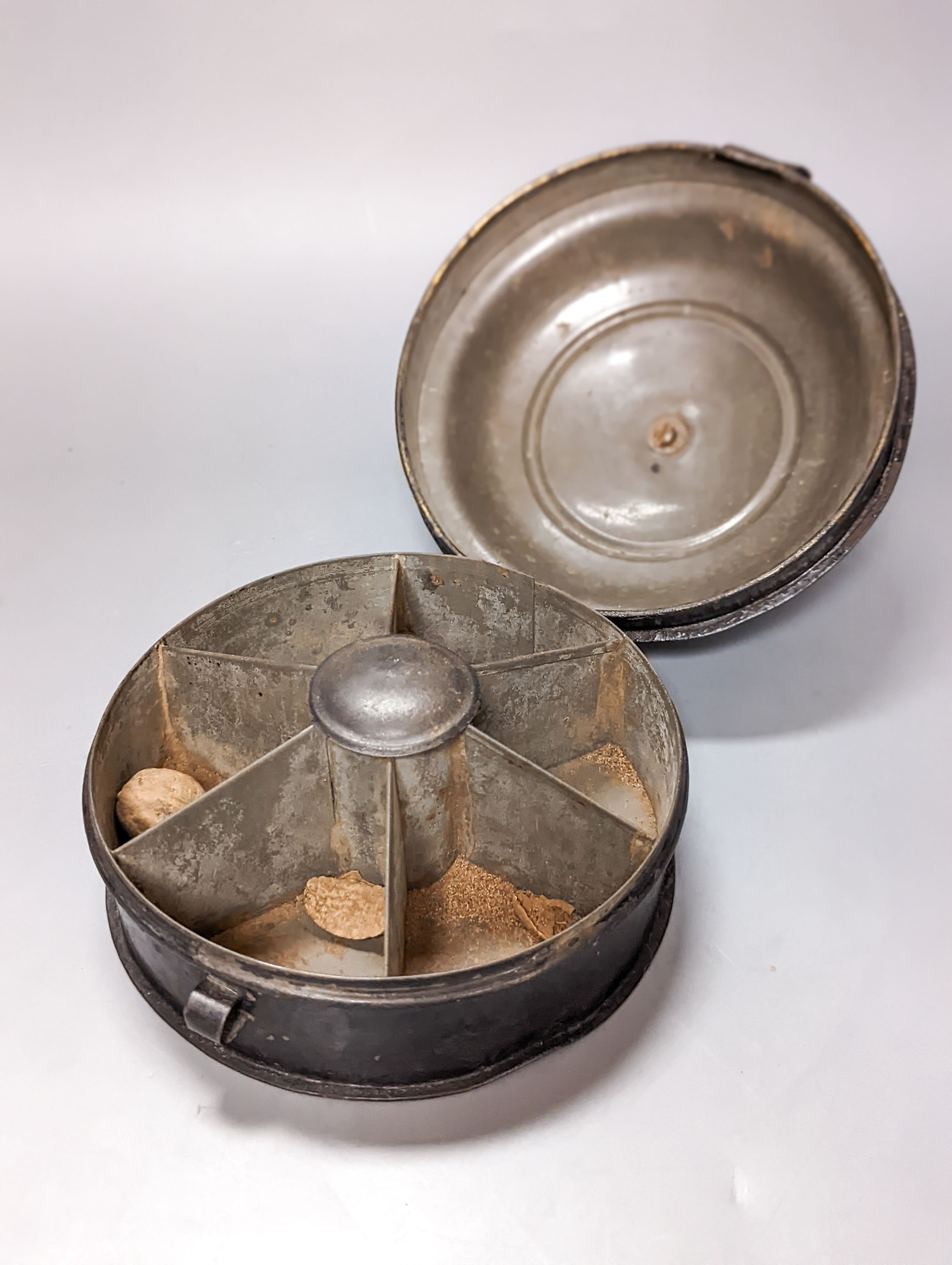 Two toleware spice box and cover and a reproduction compartmental spice box 22cm